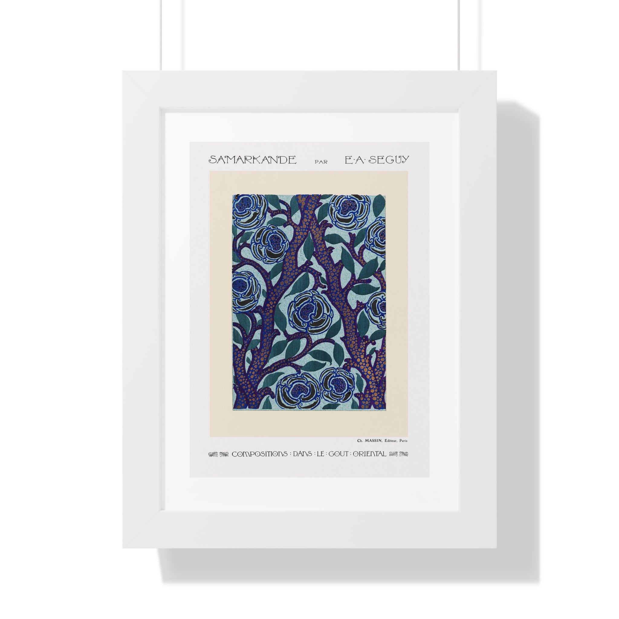 Framed Vertical Poster - Stenciled Flowers in Oriental Style