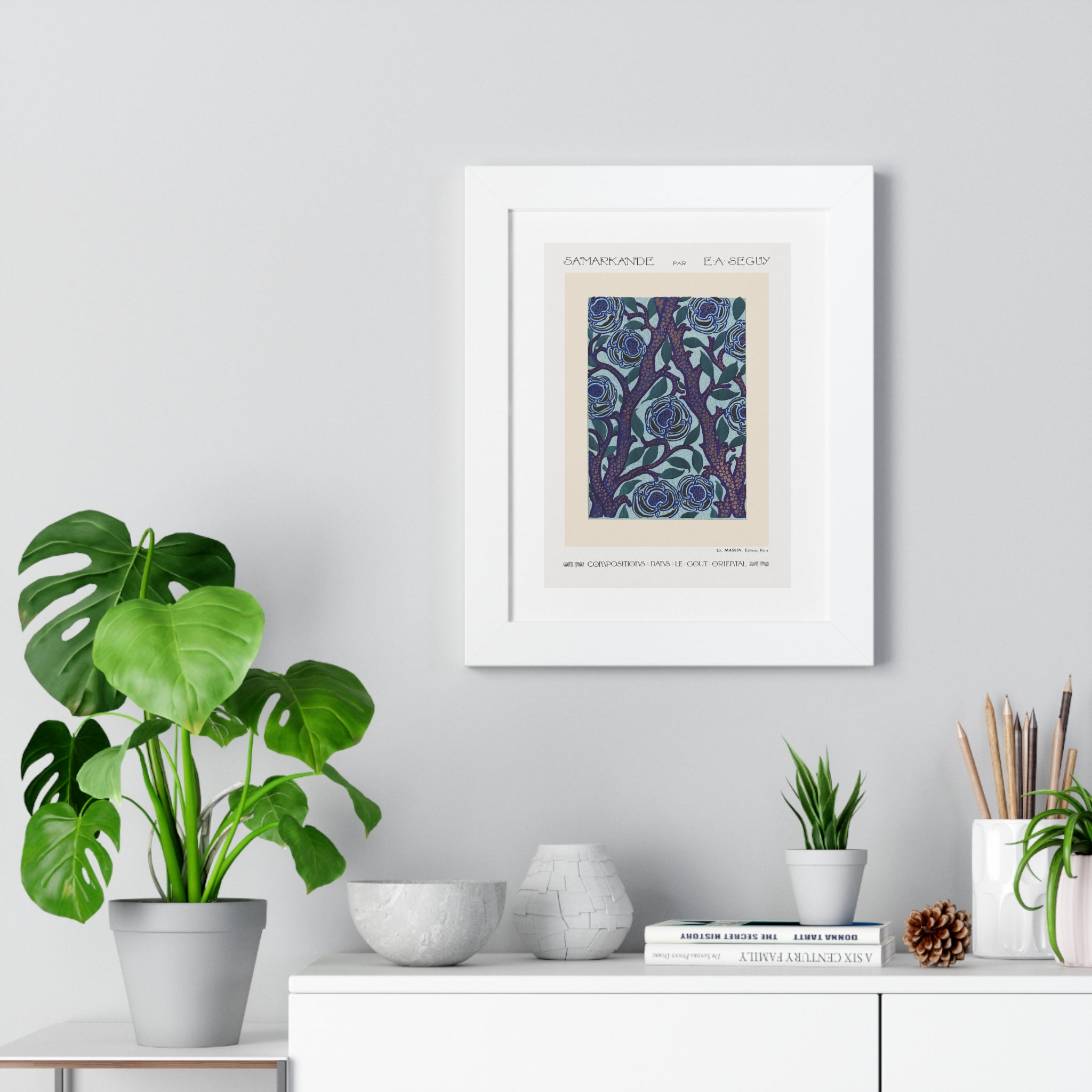 Framed Vertical Poster - Stenciled Flowers in Oriental Style