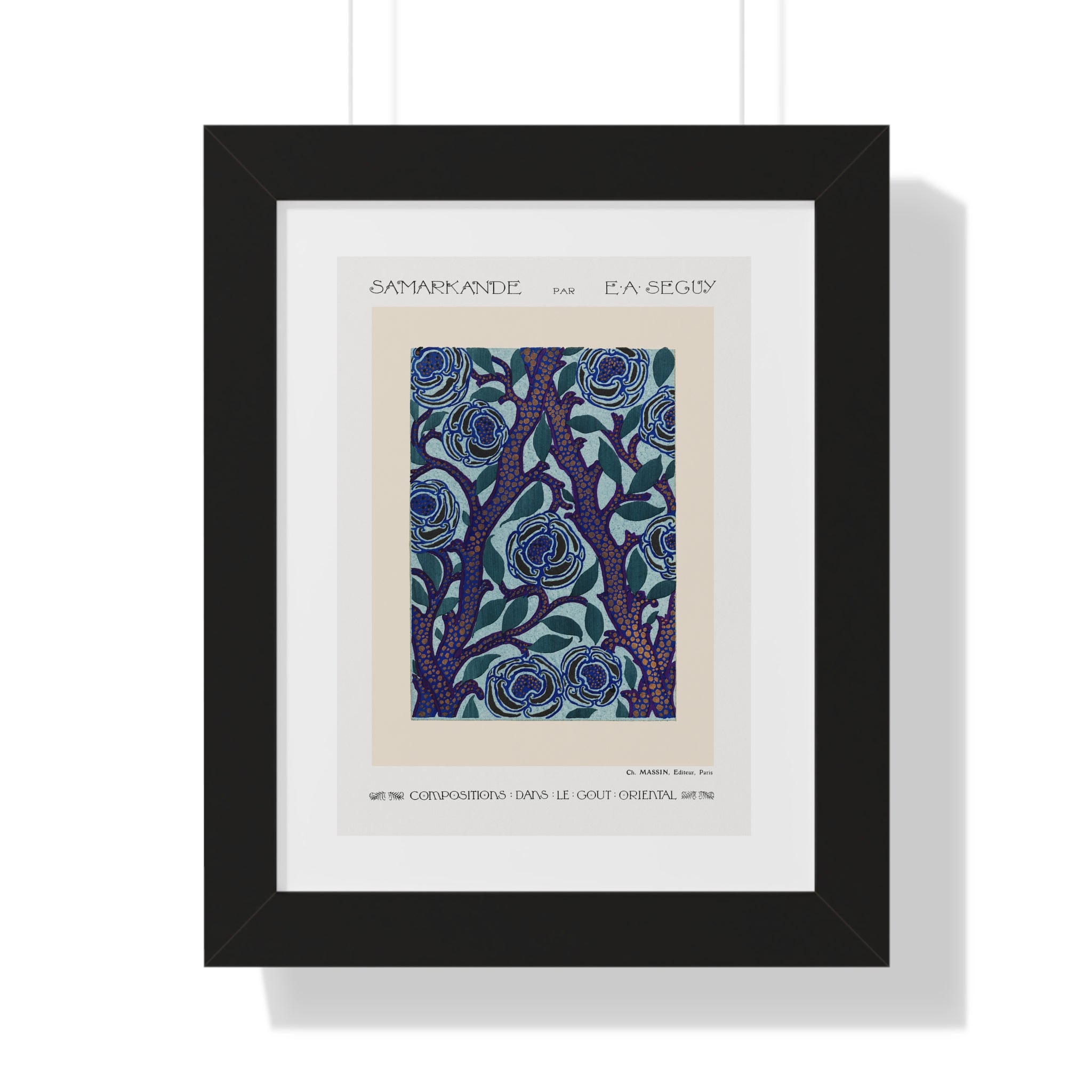 Framed Vertical Poster - Stenciled Flowers in Oriental Style