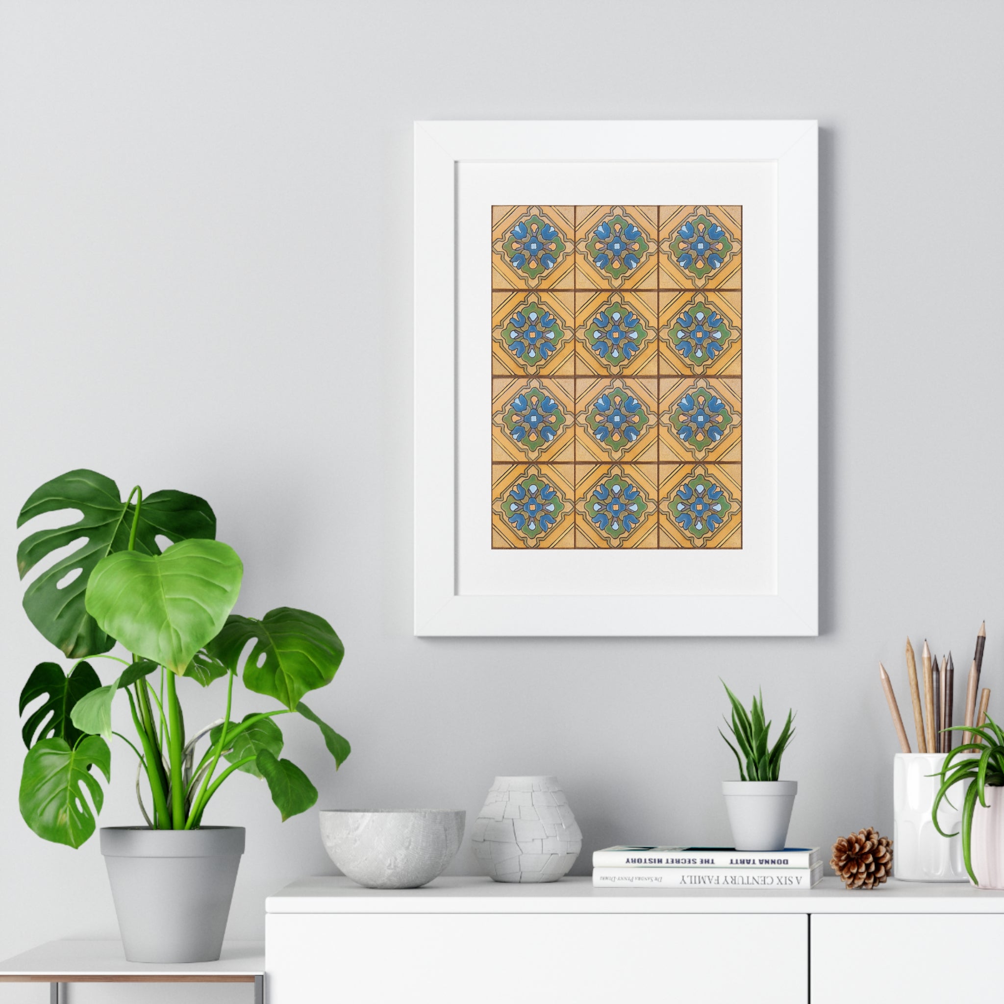 Framed Vertical Poster - Malibu Potteries Tile, Adamson House