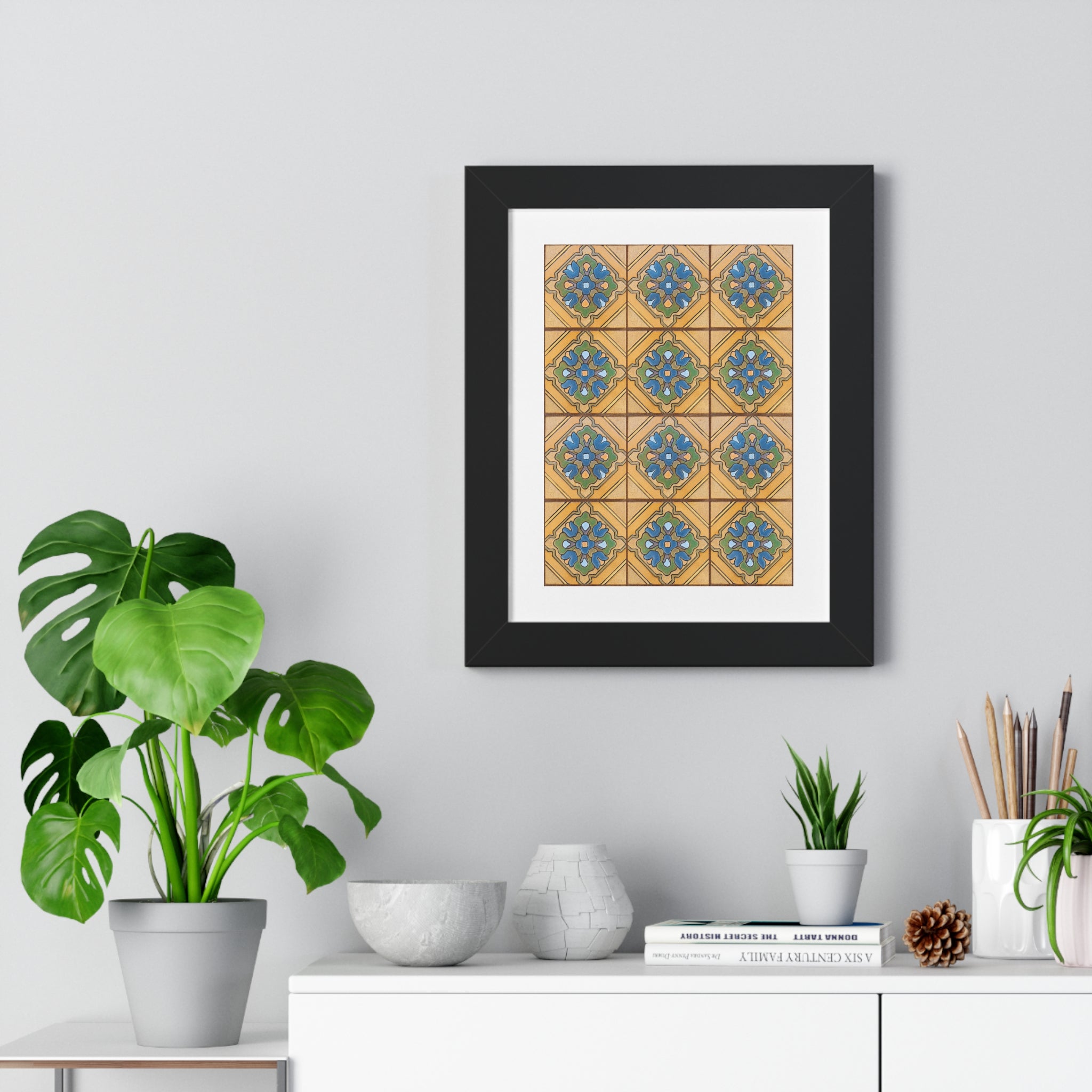 Framed Vertical Poster - Malibu Potteries Tile, Adamson House