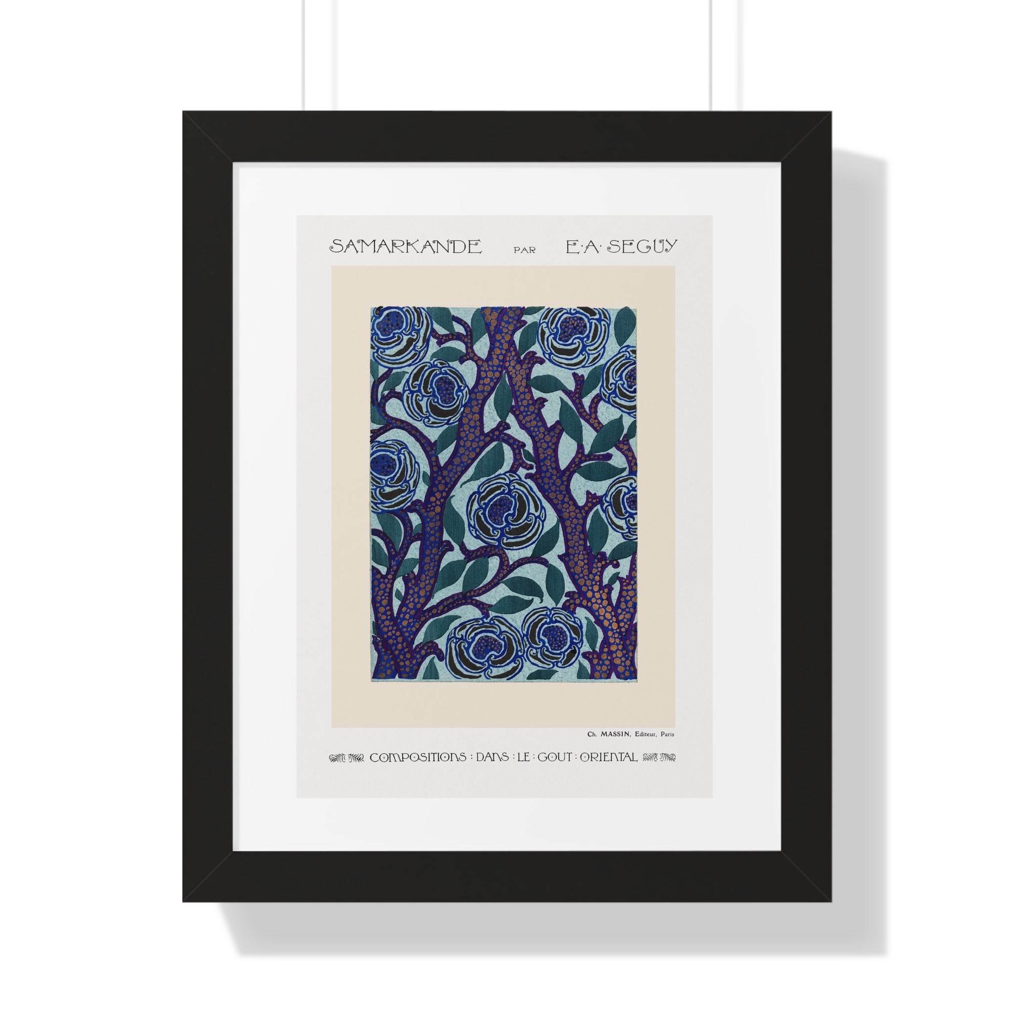 Framed Vertical Poster - Stenciled Flowers in Oriental Style
