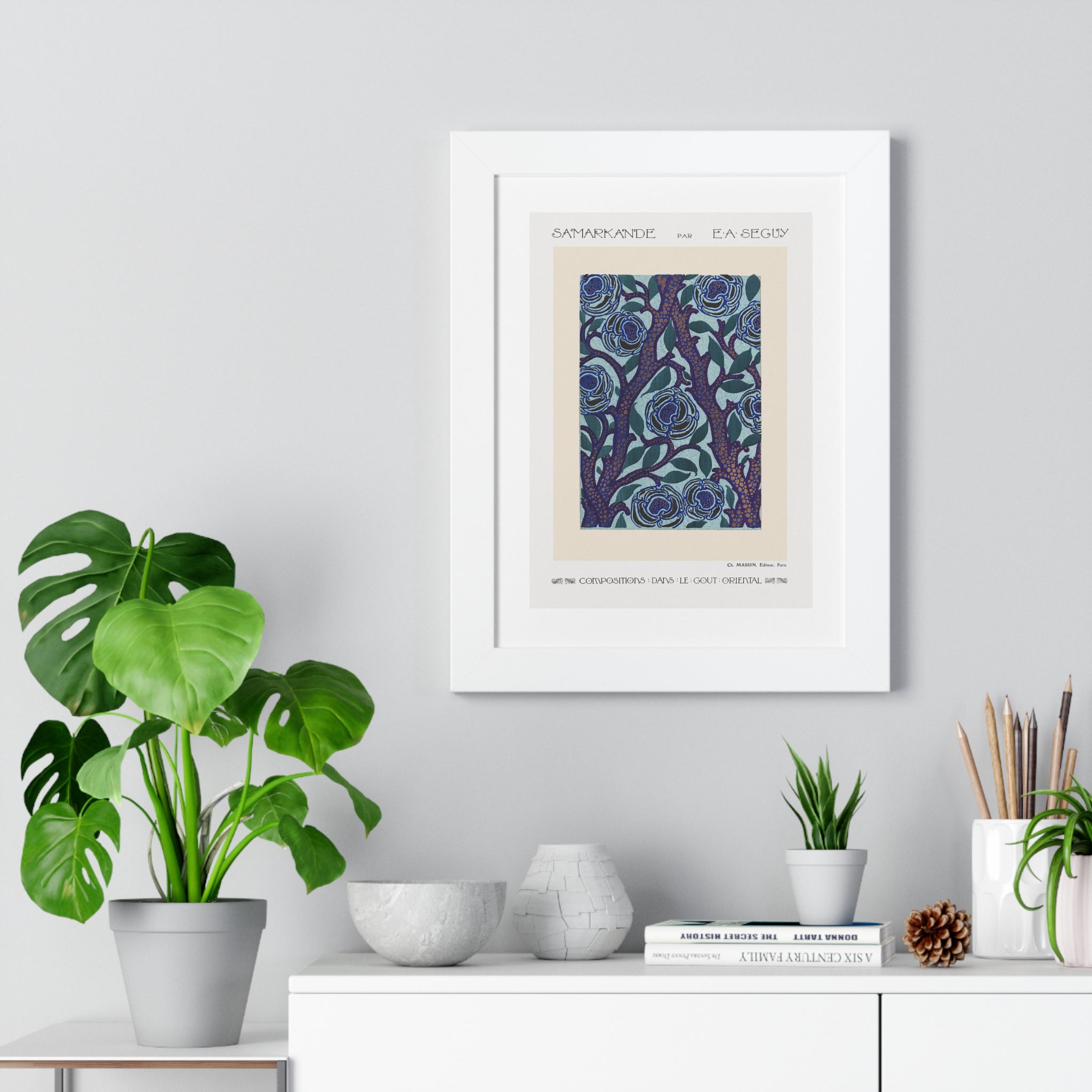 Framed Vertical Poster - Stenciled Flowers in Oriental Style