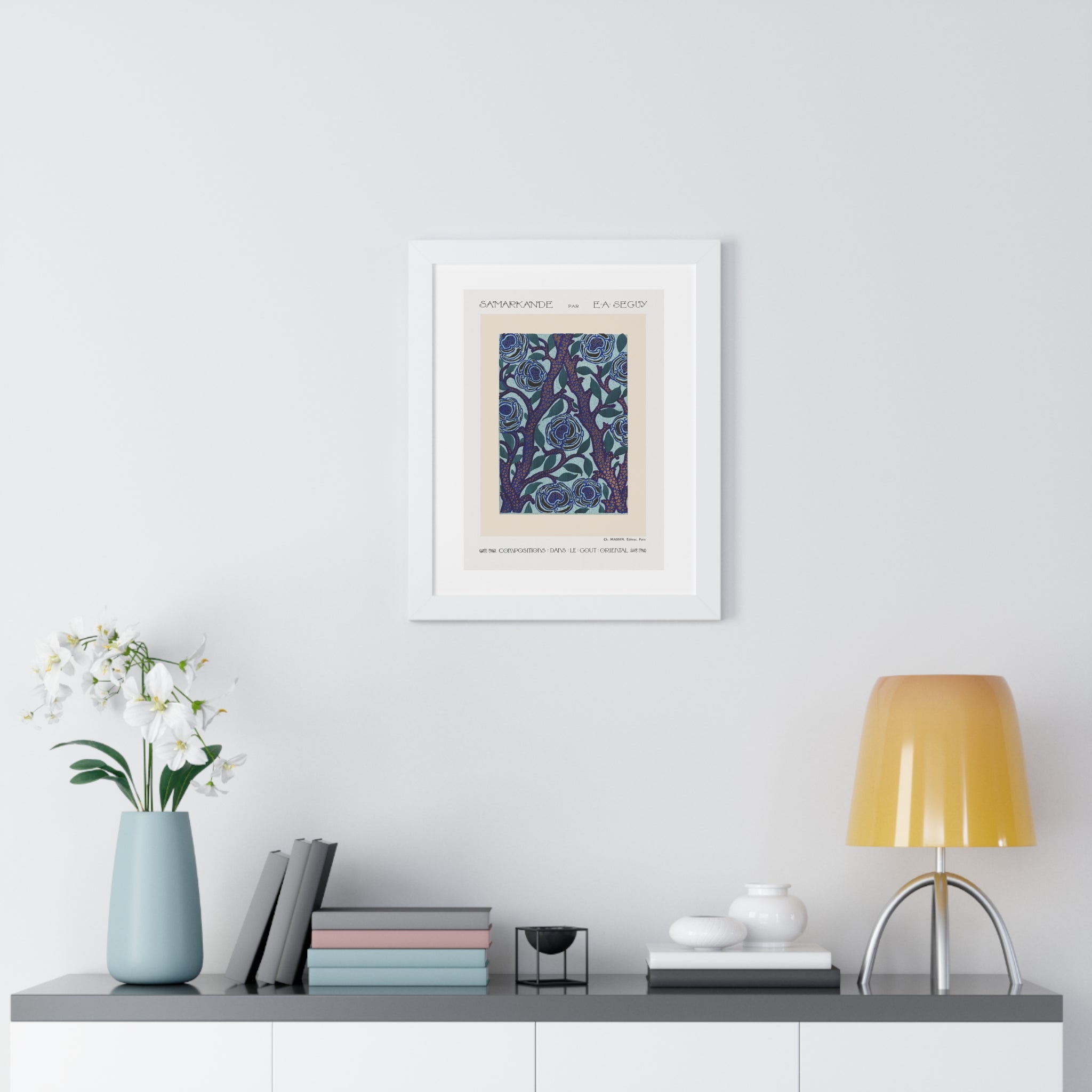 Framed Vertical Poster - Stenciled Flowers in Oriental Style
