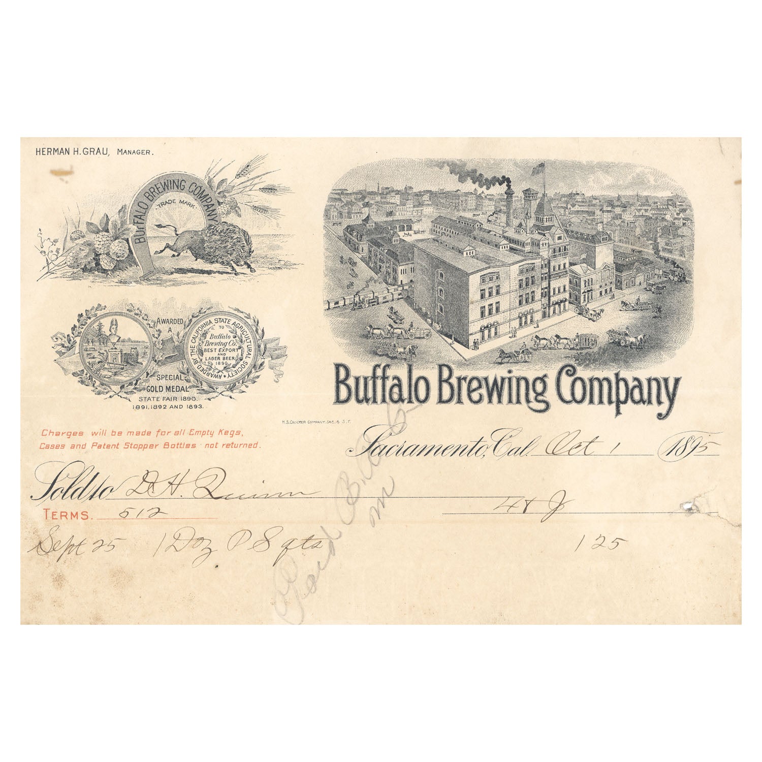 Buffalo Brewing Company, Sacramento - 1895 | Framed Print